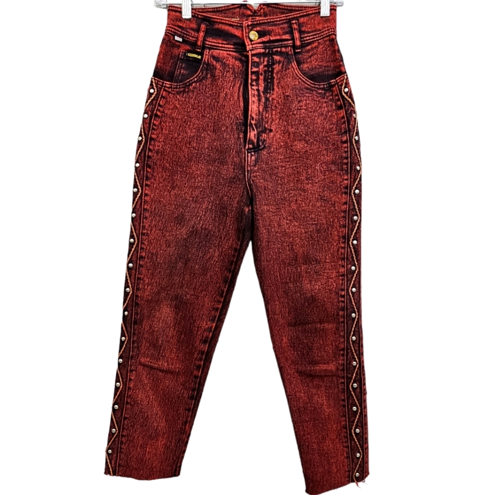 Sanchy Gendle Brick Red Highrise Zip front Rawhem Stretch Jeans
